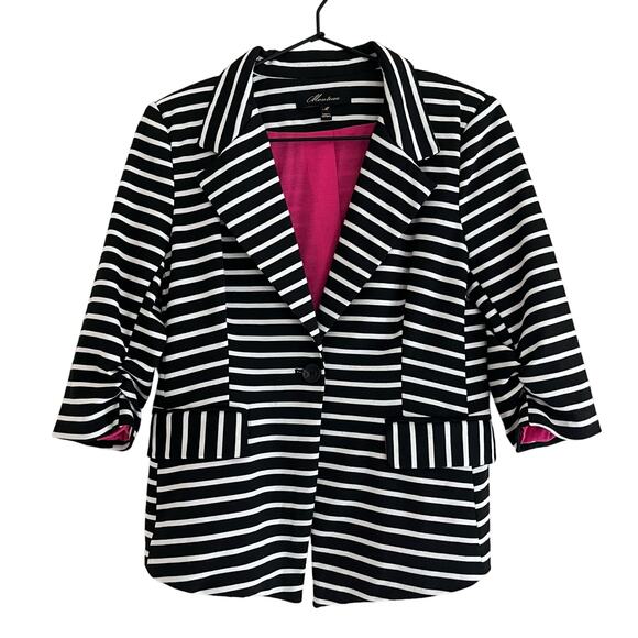 Monteau Stripe Blazer Jacket Black White Hot Pink Lined Stretch Button Size Med - Picture 1 of 8